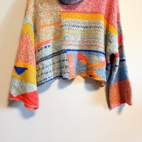 Sincerely Jules Boho Multicolor Patchwork Knit Cropped Cowl Neck Sweater Size L - Picture 6 of 12